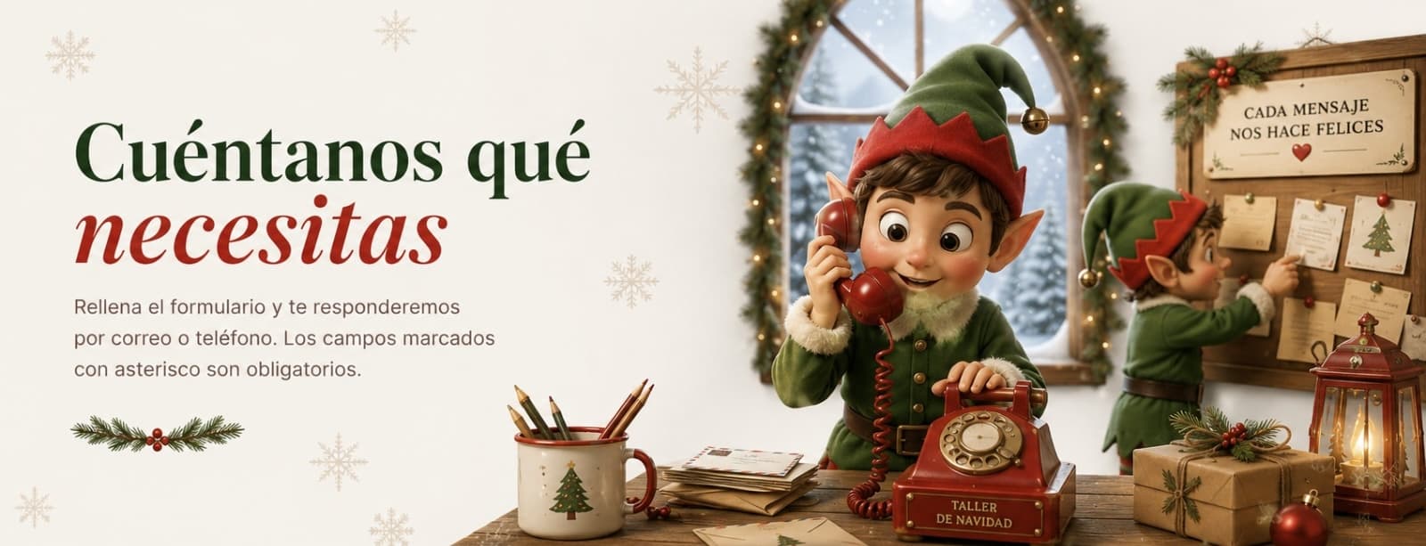 Collage de proyectos navideños: decoración luminosa, escalera con flores, lounge con árbol de Navidad y fachadas con guirnaldas de luces.